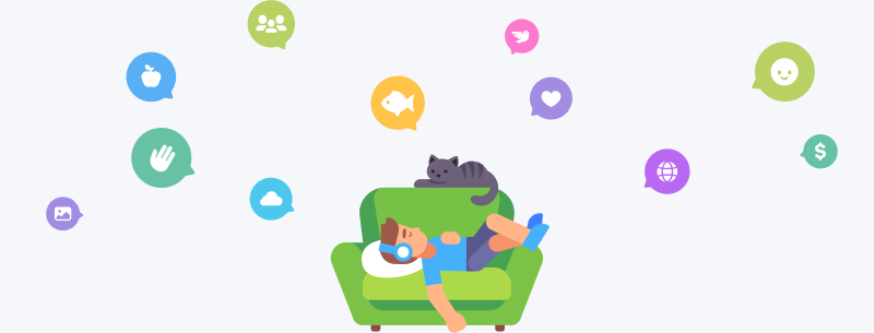 A man lying lazily on a couch wearing earpods, casually learning a new language.