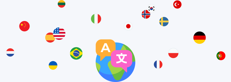 Bandiere che rappresentano le lingue supportate dall'app WRD: inglese (USA e Regno Unito), spagnolo, portoghese (brasiliano ed europeo), francese, tedesco, cinese semplificato, russo, turco, italiano, giapponese, coreano, polacco, olandese, ucraino, svedese, norvegese bokmål, bielorusso e lituano.