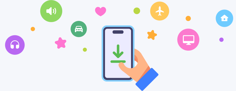 Een hand die een smartphone vasthoudt waarop een app wordt gedownload, omringd door ‘bubbels' met pictogrammen voor geluid, computer, oordopjes, thuis en vliegtuigmodus.